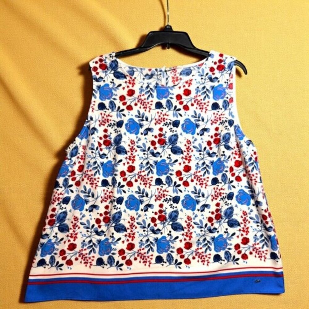Tommy Hilfiger XL Floral Border Tank Top Sleeveless Red Blue White Preppy - Picture 1 of 7